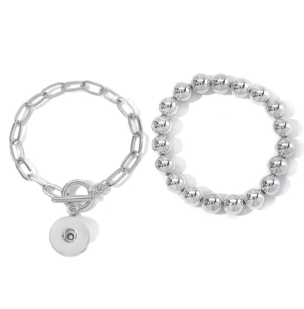 18 or 20 MM Silver Tone Round Bead Snap Chain Stacked Bracelet