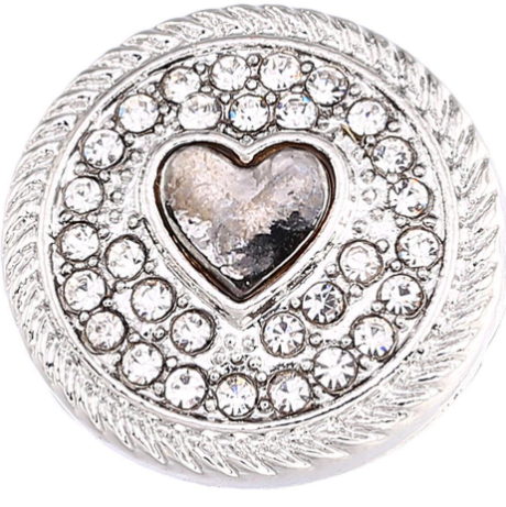20 MM Silver Tone  Foil Center Heart with Rhinestone Snap