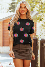 Load image into Gallery viewer, Black Sequined Pumpkin Graphic Round Neck Casual T Shirt