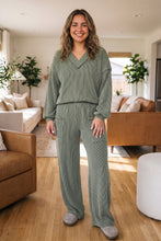 Load image into Gallery viewer, Four Leaf Clover Twisted Ribbed Exposed Seam Detail V Neck Pullover Plus Size Pant Set