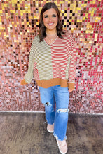 Load image into Gallery viewer, Brown Stripe Striped Colorblock V Neck Oversized Long Sleeve Plus Size Blouse