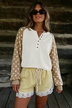 Load image into Gallery viewer, Khaki Polka Dot Contrast Long Sleeve Button V Neck Sweater