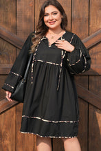 Load image into Gallery viewer, Black Plus Size Long Sleeve Leopard Contrasted Trim Tie Neck Flared Mini Dress