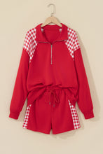 Load image into Gallery viewer, Fiery Red Plaid Patchwork Half Zip Pullover Drawstring Short Set