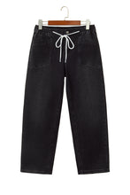 Load image into Gallery viewer, Black Drawstring Waist Ankle Length Casual Jeans Regular Fit Pocket Detail Denim Pants