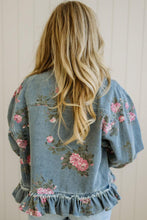 Load image into Gallery viewer, Sky Blue Floral Print Raw Seam Ruffle Hem Denim Jacket