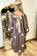 Load image into Gallery viewer, Brown Polka Dot Contrast Bow Knot Back Long Sleeve Midi Dress