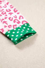 Load image into Gallery viewer, Pink Leopard Polka Dot Colorblock Trim Long Sleeve Top