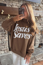 Load image into Gallery viewer, Mist Blue Jesus Saves Slogan Print Stand Neck Baggy Sweatshirt