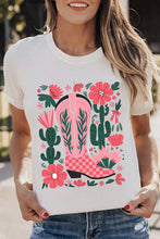 Load image into Gallery viewer, White Western Boots Flower Print Round Neck T Shirt