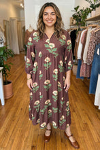 Load image into Gallery viewer, Brown Floral Print V-Neck Long Sleeve Loose Shift Plus Size Dress