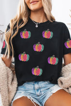 Load image into Gallery viewer, Black Sequined Pumpkin Graphic Round Neck Casual T Shirt
