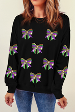 Load image into Gallery viewer, Black Sequin Mardi Gras Bow Graphic Drop Shoulder Pullover Sweatshirt