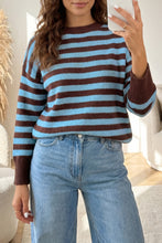 Load image into Gallery viewer, Brown Stripe Color Block Loose Crew Neck Cuffed Sweater