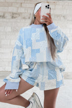 Load image into Gallery viewer, Light Pink Patchwork Floral Print Drop Shoulder Baggy Pullover Drawstring Shorts Set