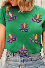 Load image into Gallery viewer, Bright Green Sequin Mardi Gras Mask Patched Pattern Crewneck Tee