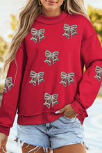 Load image into Gallery viewer, Racing Red Sequin Bowknot Mock Neck Game Day Casual Sweatshirt