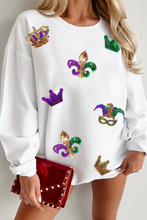 Load image into Gallery viewer, White Sequin Mardi Gras Symbol Crown Mask Patched Corded Sweatshirt