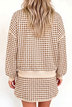 Load image into Gallery viewer, Brown Gingham Oversized Ribbed Trim Crew Neck Long Sleeve Top and Skort Set