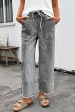 Load image into Gallery viewer, Prussian Blue Drawstring Seam Detail Raw Hem Wide Leg Denim Pants