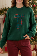 Load image into Gallery viewer, Blackish Green Plaid Bow Detail Drop Shoulder Christmas Sweater