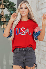 Load image into Gallery viewer, Fiery Red Sequin USA Lettering Patriotic Contrast Splicing Sleeve Top