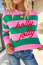 Load image into Gallery viewer, Green Stripe holly jolly Letter Embroidered Pullover Sweatshirt