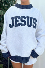 Load image into Gallery viewer, Light Grey Polka Dot Contrast Trim JESUS Letter Graphic Sweatshirt