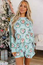 Load image into Gallery viewer, Sky Blue Holiday Puppies Wreath Print Pocket Sweatshirt and Shorts Set