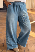 Load image into Gallery viewer, Beau Blue Frayed Floral Patch Wide Leg Raw Hem Wide Leg Jeans
