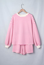 Load image into Gallery viewer, Pink Striped Long Sleeve Crew Neck Drawstring Waist Shorts Set