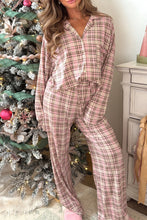 Load image into Gallery viewer, Pink Plaid Patch Pockets Long Sleeve Lounge Set