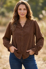 Load image into Gallery viewer, Coffee Solid Color Ruffle Trim V Neck Long Sleeve Button Corduroy Shakcet