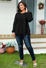 Load image into Gallery viewer, Black Solid Color Bow Tie Front Long Sleeve Plus Size Peplum Blouse
