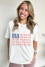 Load image into Gallery viewer, White USA Flag Bow Knot Print Round Neck T Shirt