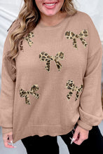 Load image into Gallery viewer, Dark Khaki Leopard Bow Embroidery Drop Shoulder Tunic Plus Size Sweater