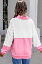 Load image into Gallery viewer, Rose Red Color Block Ricrac Trim Patchwork Collar V Neck Long Sleeve Top