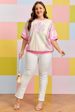 Load image into Gallery viewer, Beige Plus Size Floral Patchwork Short Sleeve Patch Embroidery Cotton T Shirt