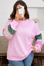 Load image into Gallery viewer, Pink Plus Size Mix Floral Patched Sleeve Ribbed Trim Baggy Sweatshirt
