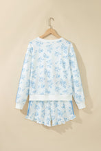 Load image into Gallery viewer, Sky Blue Floral Print Striped Detail Long Sleeve Top Ruffle Hem Shorts 2pcs Set