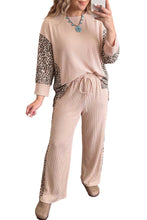 Load image into Gallery viewer, Light French Beige Leopard Print Ribbed Twist Long Sleeve Top Pants Plus Size Set