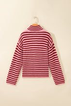 Load image into Gallery viewer, Red Stripe Striped High Neck Zip-up Sweater Long Sleeve Casual Fit Drop Shoulder Open Front Cardigan