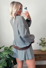 Load image into Gallery viewer, Blue Stripe Oversized Long Sleeve Top Drawstring Loose Shorts 2pcs Set