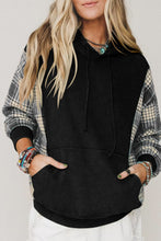 Load image into Gallery viewer, Black Plaid Sleeve Drawstring Pocket Hooded Sweatshirt