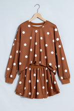 Load image into Gallery viewer, Brown Polka Dot Raw Hem Relaxed Pullover Loose Skort Two Piece Set