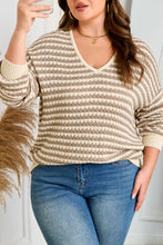 Load image into Gallery viewer, Khaki Stripe Plus Size V Neck Drop Shoulder Sweater