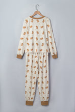 Load image into Gallery viewer, Khaki Abstract Gingerbread Print Colorblock Long Sleeve Two Piece Lounge Set