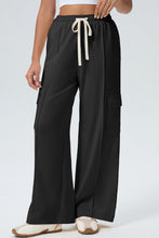 Load image into Gallery viewer, Black Solid Color Drawstring Elastic Waist Cargo Patch Pocket Active Pants