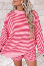 Load image into Gallery viewer, Blue Stripe Ribbed Patchwork Mock Neck Baggy Pullover Matching Shorts Set