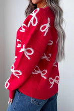 Load image into Gallery viewer, Fiery Red All Over Bow Dropped Shoulder Round Neck Shift Sweater